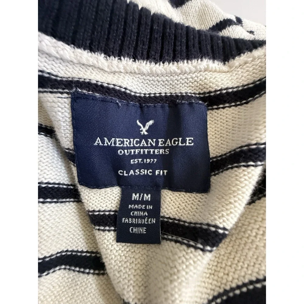 American Eagle Men M Striped Mock Neck Sweater Cotton Button Pullover Nautical